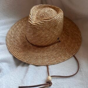 West Von "Goldie" Wide Brim Straw Sun Hat with Leather Chin Cord